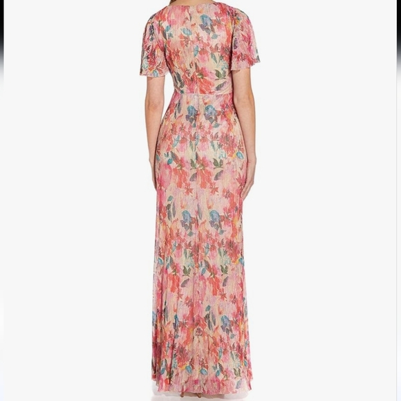 Adrianna Papell $229 Metallic Floral Print Pleated Twist V Neck Flutter Sleeve - Picture 3 of 13